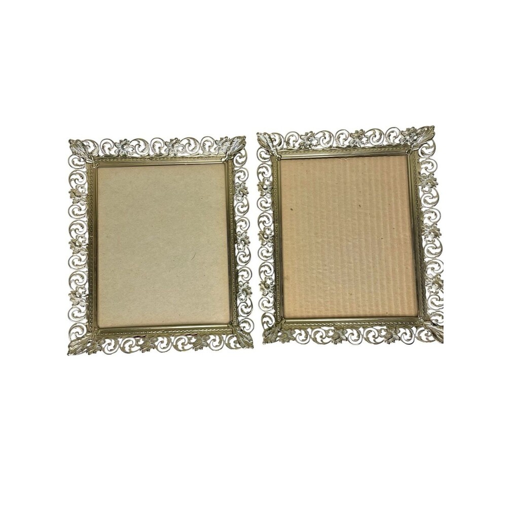 Vtg Vintage Picture Frames Set of 2 Decorative Ornate Filagree Floral Gold Metal